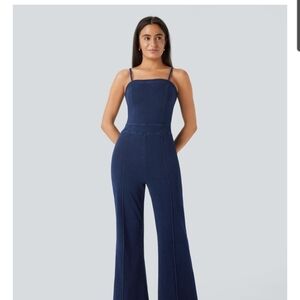 HALARA Navy Square-Neck Wide-Leg Knit Jumpsuit